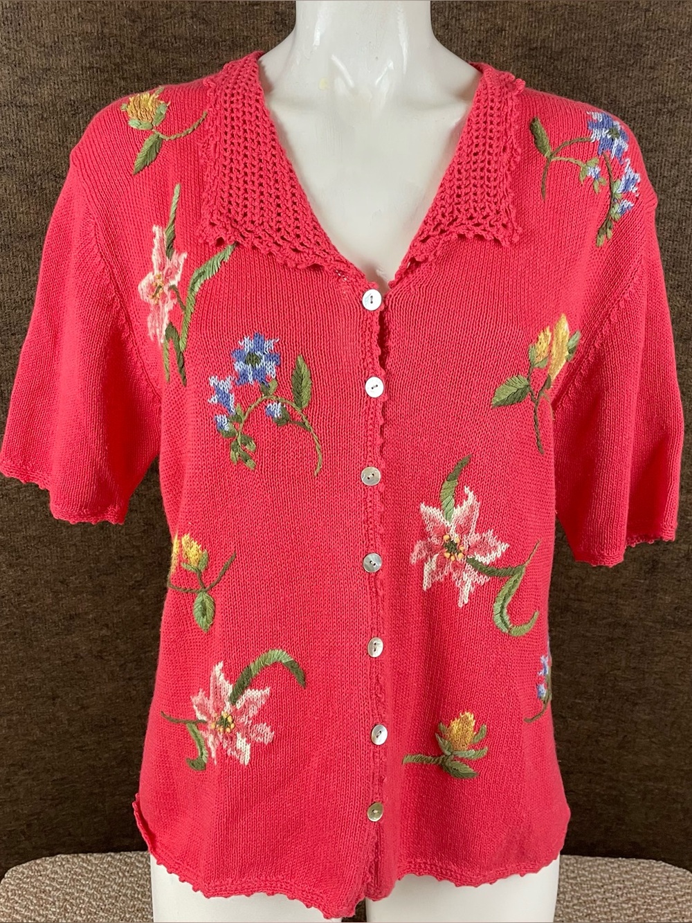 Susan Bristol Cardigan Sweater Women's Medium Pink Floral Knit Boho Cottage 89